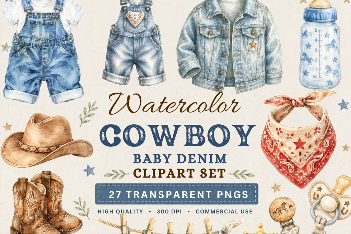 Cowboy Baby Denim Clipart Bundle, a Seasonal Illustration by Tanya Kart (Photo 1 of 6)