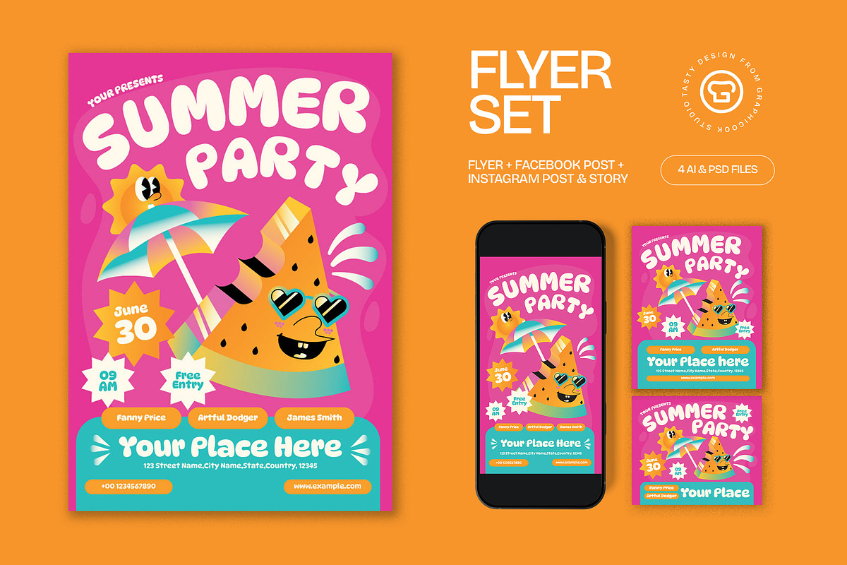 Pink Bold Summer Party Flyer Set, a Flyer Template by graphicook (Photo 1 of 3)