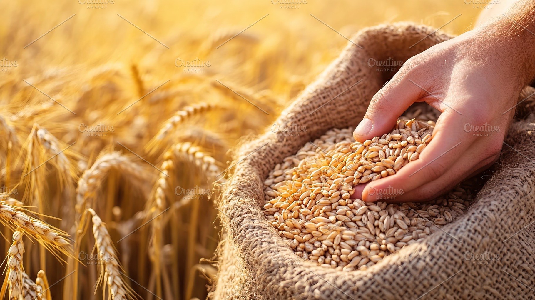 Human hand holding wheat grains from a burlap sack in a golden wheat field at s, a Food & Drink Photo by AlyaAnd