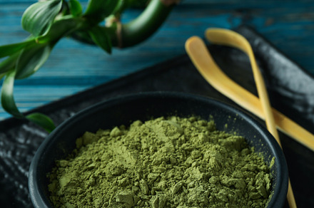Concept of japanese tea with matcha on blue wooden table, a Food & Drink Photo by AtlasStudio PRO