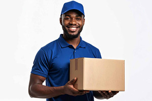 Courier holding a cardboard package, a Person Photo by Pray Art Design Studio