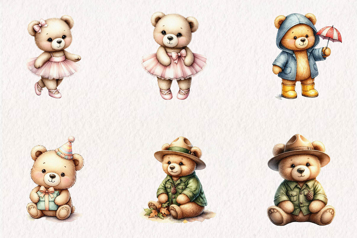 Watercolor Teddy Bear Clipart, a Seasonal Illustration by CreationArt (Photo 2 of 7)