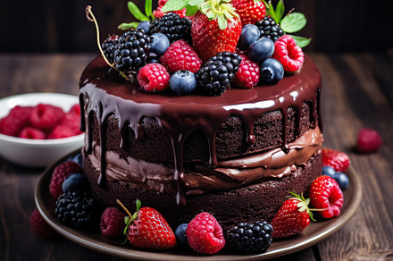 Chocolate cake with fresh berries on plate on wooden table, a Food & Drink Photo by AlyaAnd