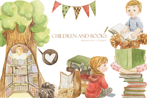 Children and books, watercolor set