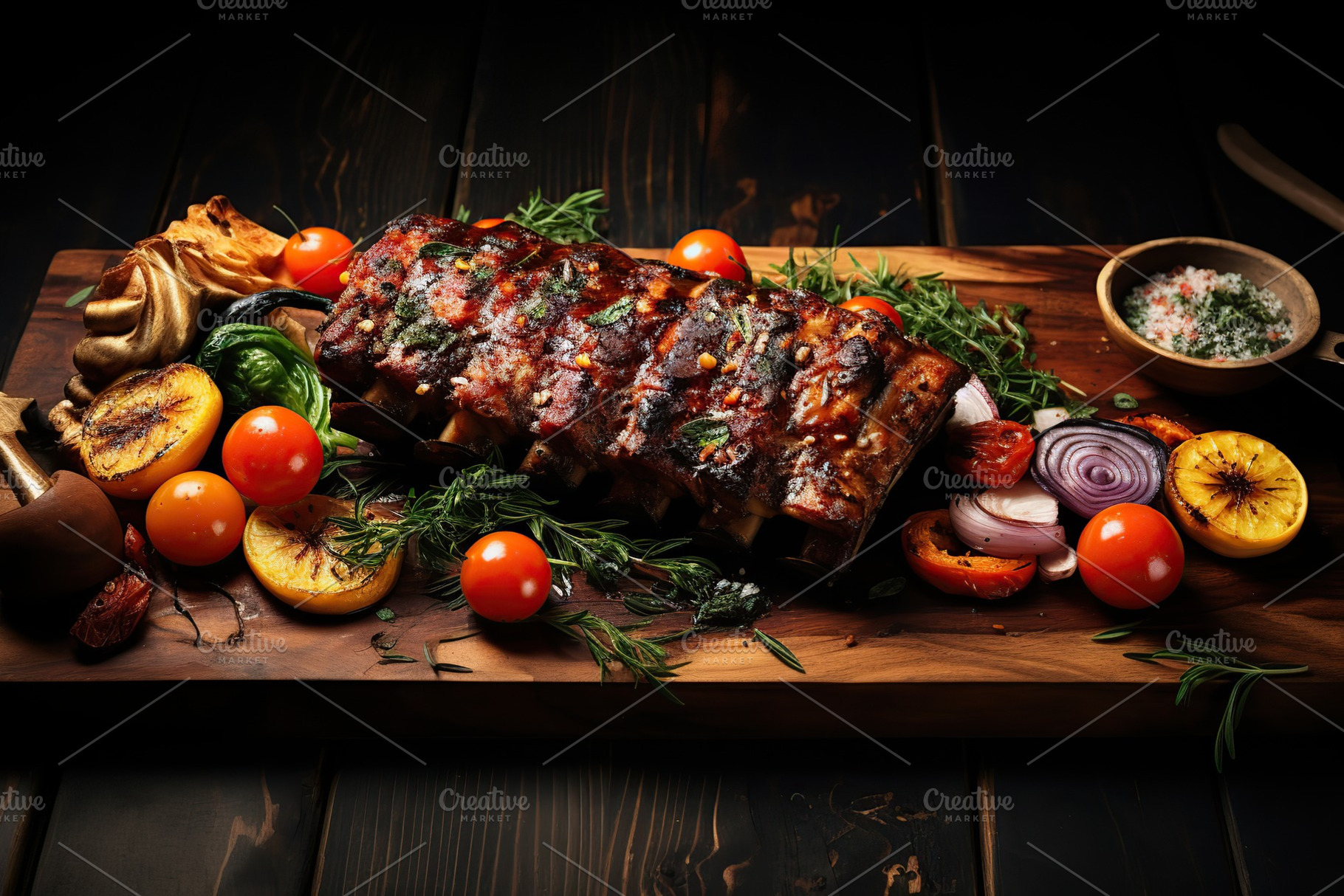 BBQ marinated meat with vegetables on wooden table, a Food & Drink Photo by AlyaAnd