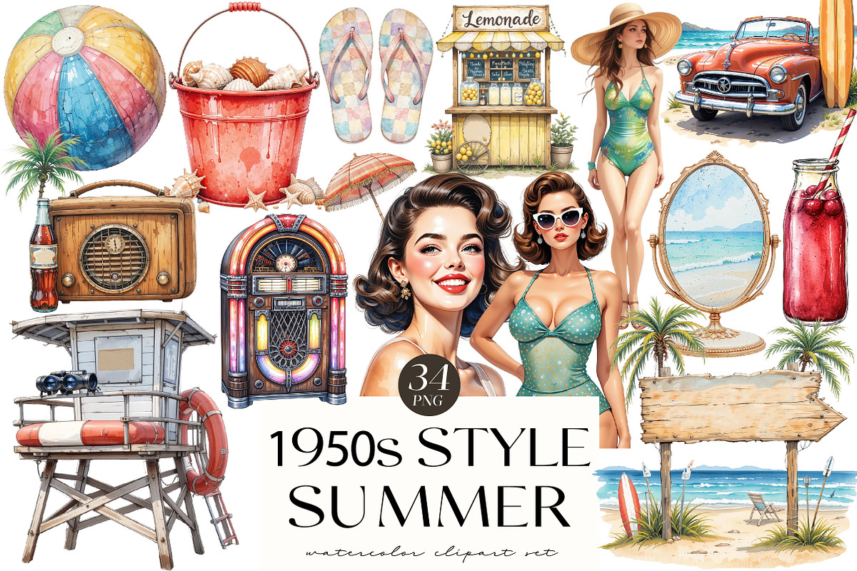1950s Style Summer Beach Day Clipart, an Illustration by OK Design (Photo 1 of 5)
