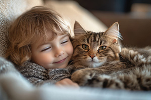 Child snuggling with a fluffy tabby, an Animal Photo by Pixeness Studio