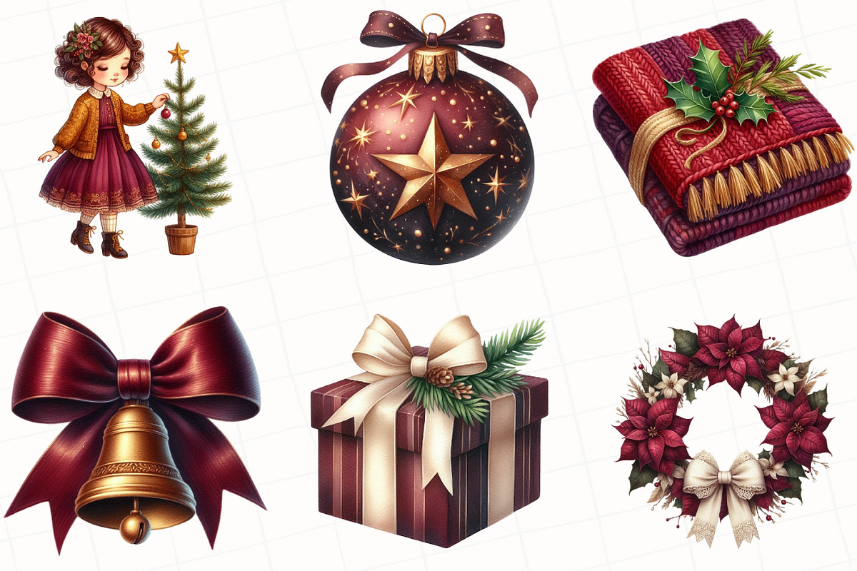 Elegant Burgundy Christmas Clipart, an Illustration by OK Design (Photo 4 of 5)