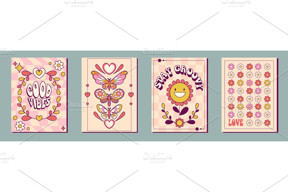 Groovy retro posters with flower and, an Object Illustration by art PVP - market