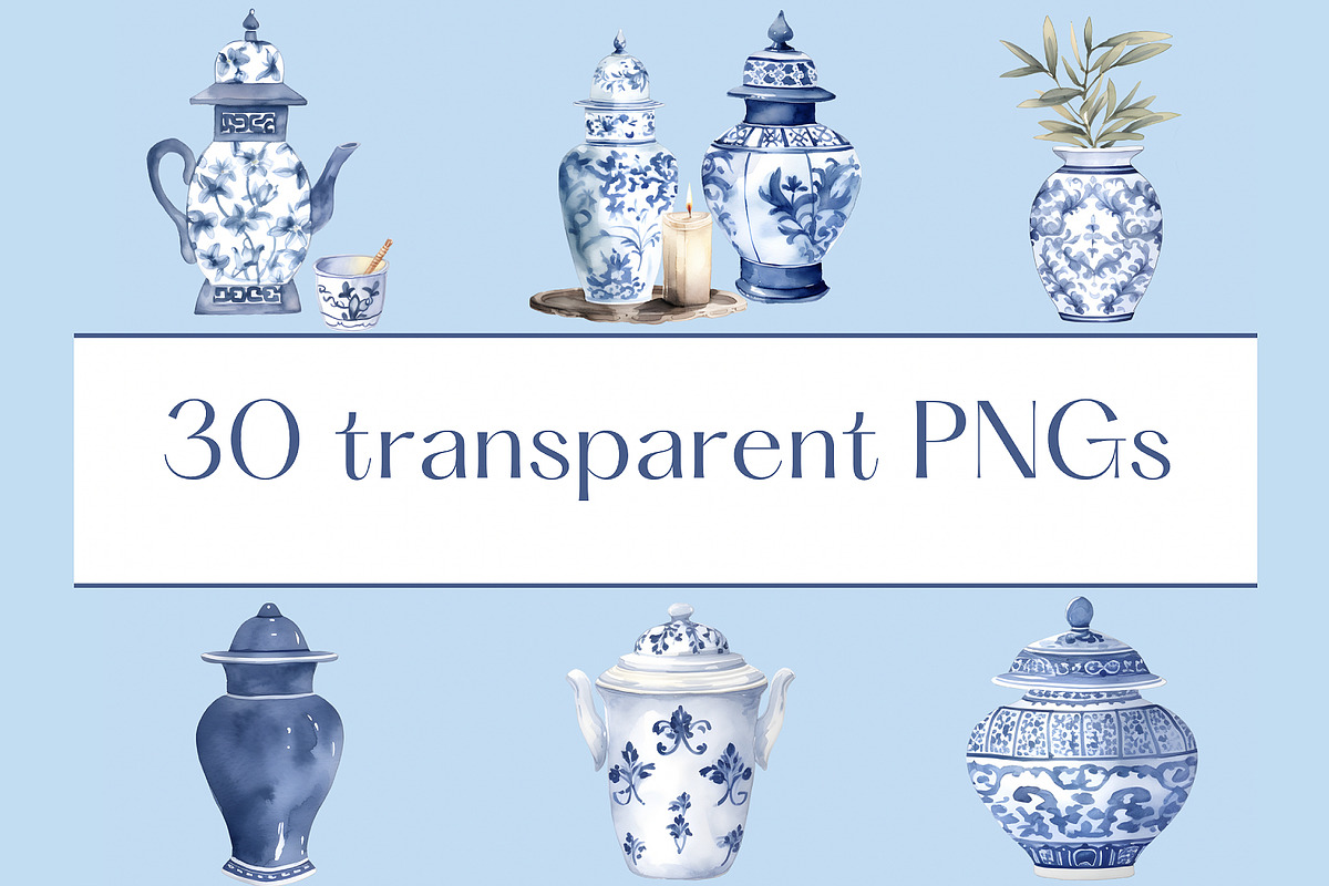 Watercolor chinoiserie vases clipart, a Decorative Illustration by clipartconnection (Photo 2 of 3)