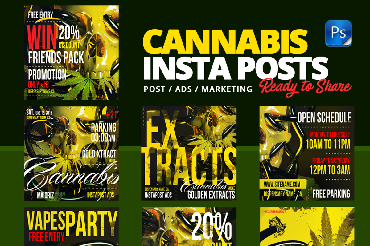 Social Media Cannabis Posts Pack, a Social Media Template by Maioriz Shop (Photo 2 of 5)