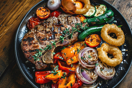 Grilled steak with roasted vegetables and onion rings on a dark, a Food & Drink Photo by Mashimara