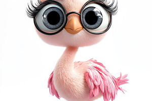 Cute pink cartoon bird with big eyes, round glasses, and long ey, an Animal Photo by José Manuel Gelpi
