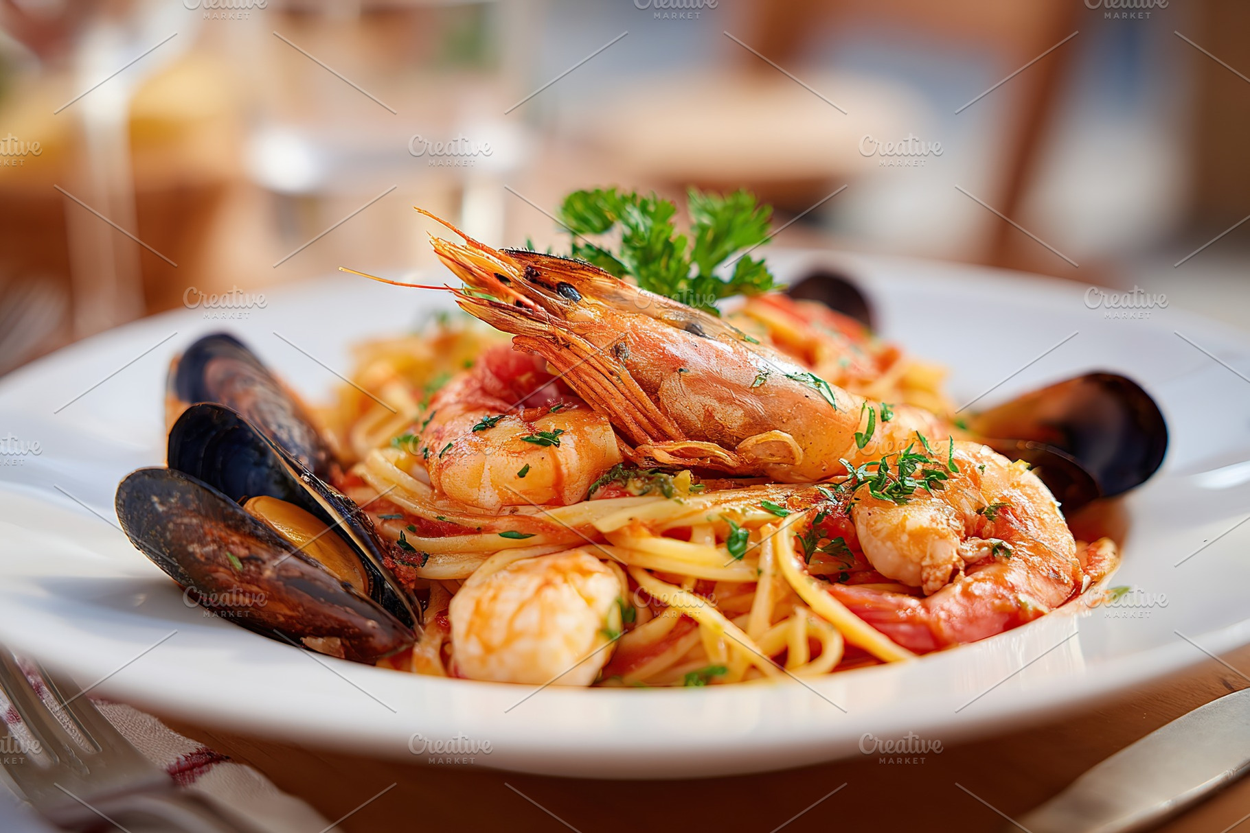 Delicious linguine pasta served with shrimp and mussels in rich tomato sauce, a Food & Drink Photo by AlyaAnd