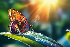 Colorful Butterfly on Dewy Leaf at Sunrise, a Nature Photo by Davizro's Market