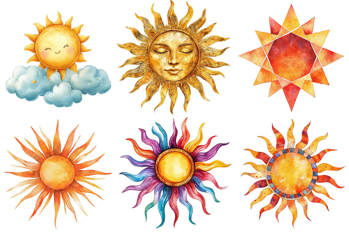 Watercolor Sun Designs for Summer, an Illustration by Pixels.Craft (Photo 3 of 7)