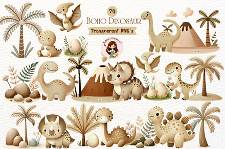 Cute Watercolor Boho Dinosaur PNG