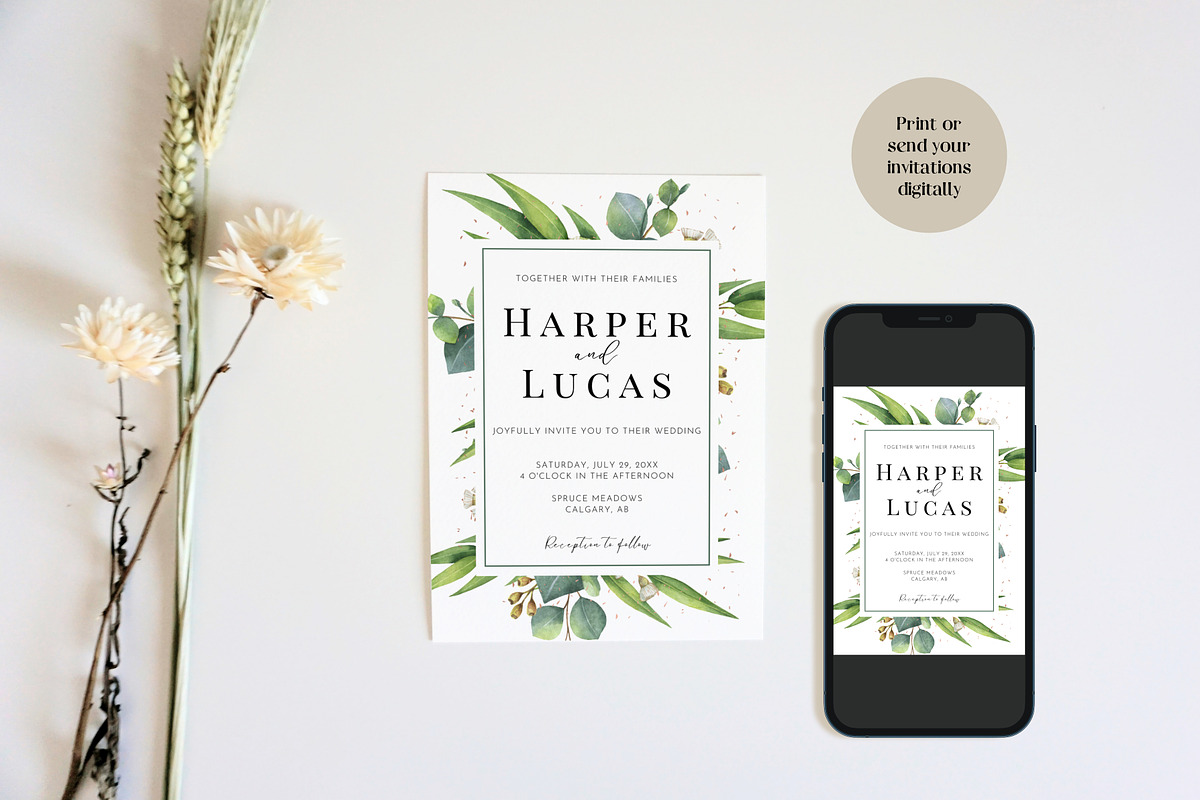 Eucalyptus Wedding Invite Template, an Invitation Template by Cottontail Paper Shop (Photo 3 of 7)
