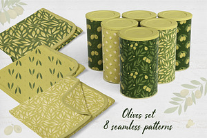 Olives set. Vector seamless patterns