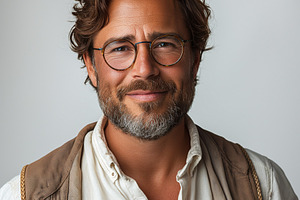 A smiling middle-aged man with curly hair and glasses, holding a book, exuding, a Person Photo by ImageMir