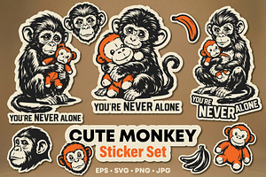 Vector Cute Monkey Sticker Set, an Animal Illustration by daver2002ua