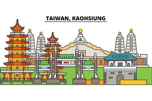 Taiwan, Kaohsiung. City Skyline, Architecture, Buildings, Streets, Silhouette, Landscape, Panorama, Landmarks. Editable Strokes. Flat Design Line Vect