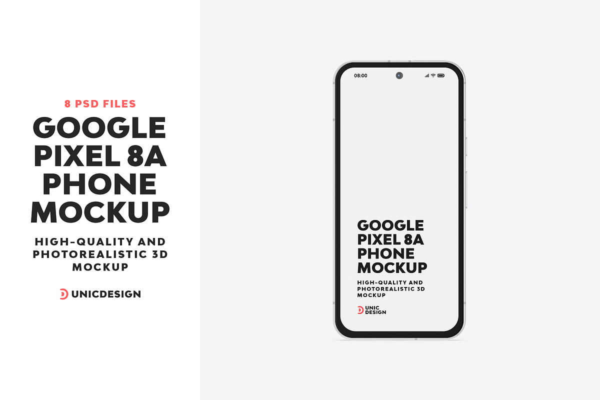 Google Pixel 8A Phone Mockup, an Android Mockup by UnicDesign (Photo 1 of 15)