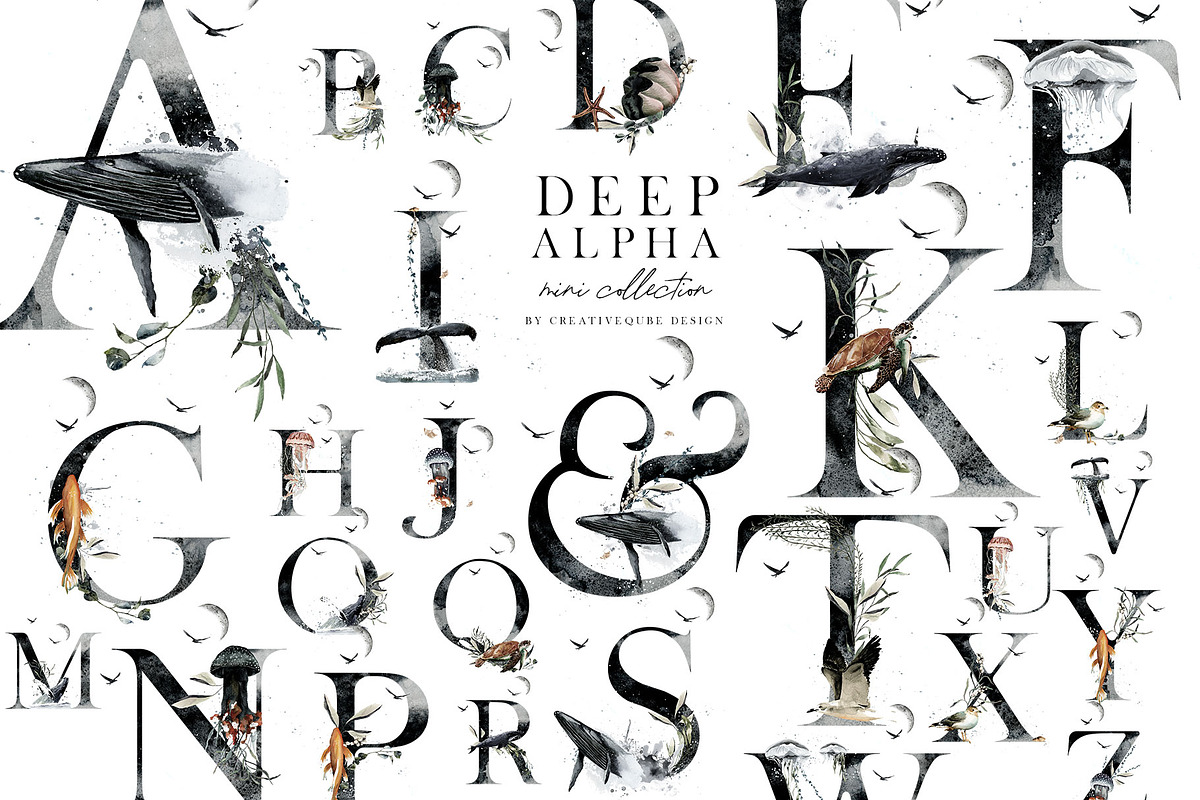 Dark Ocean Alphabet Watercolor, an Illustration by Creativeqube Design