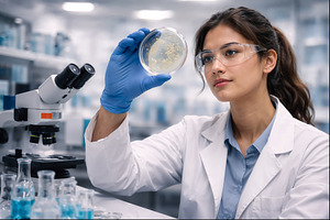 Scientist analyzing a Petri dish wit, a Health & Medical Photo by angellodeco