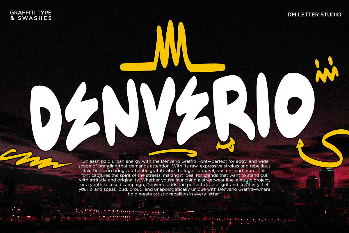 Denverio – Graffiti Font & Swashes, a Sans Serif Font by Dm Studio (Photo 1 of 9)