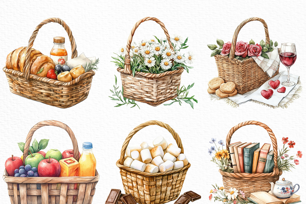 Watercolor Picnic Basket Clipart, an Illustration by Craft Nest (Photo 3 of 6)