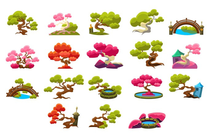 Japanese Style Trees Set, a Decorative Illustration by TopVectors