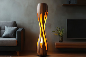 Modern wooden floor lamp in home living room interior, a Photo by AlyaAnd