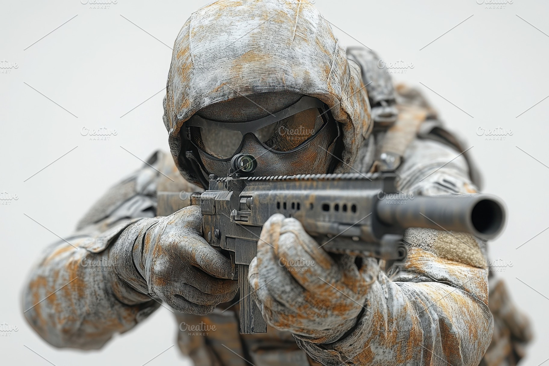 Soldier aiming a rifle in tactical g, a Photo by Tanuart
