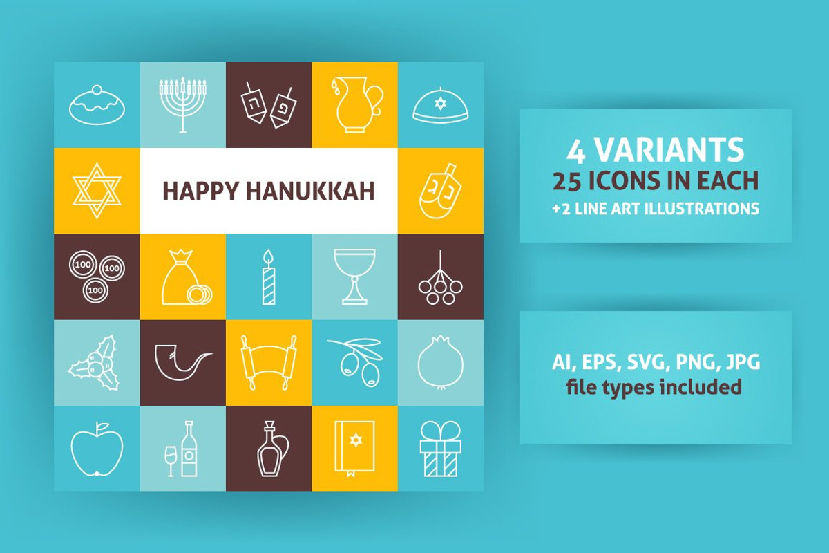 Happy Hanukkah Line Art Icons