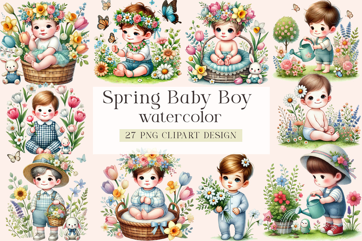 Cute Spring Baby Boy Clipart Flowers, an Illustration by DreamArtGraphic (Photo 1 of 5)