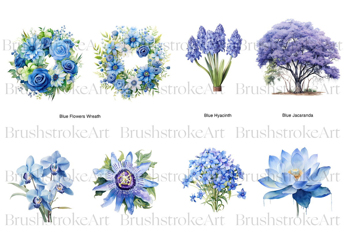 Blue Floral Clipart, Blue Roses PNG, a Decorative Illustration by BrushstrokeArtGB (Photo 4 of 9)