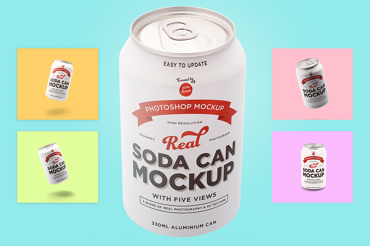 Soda can mockup with 5 awesome views, a Product Mockup by Itsmesimon (Photo 1 of 11)
