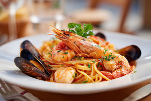 Delicious linguine pasta served with shrimp and mussels in rich tomato sauce, a Food & Drink Photo by AlyaAnd