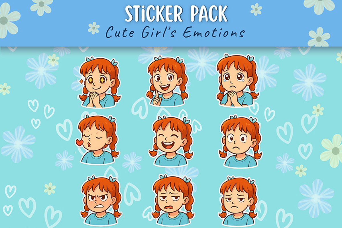 Cute Girl Emotions Sticker Pack, an Illustration by Svetlana Voloshina (Photo 1 of 4)