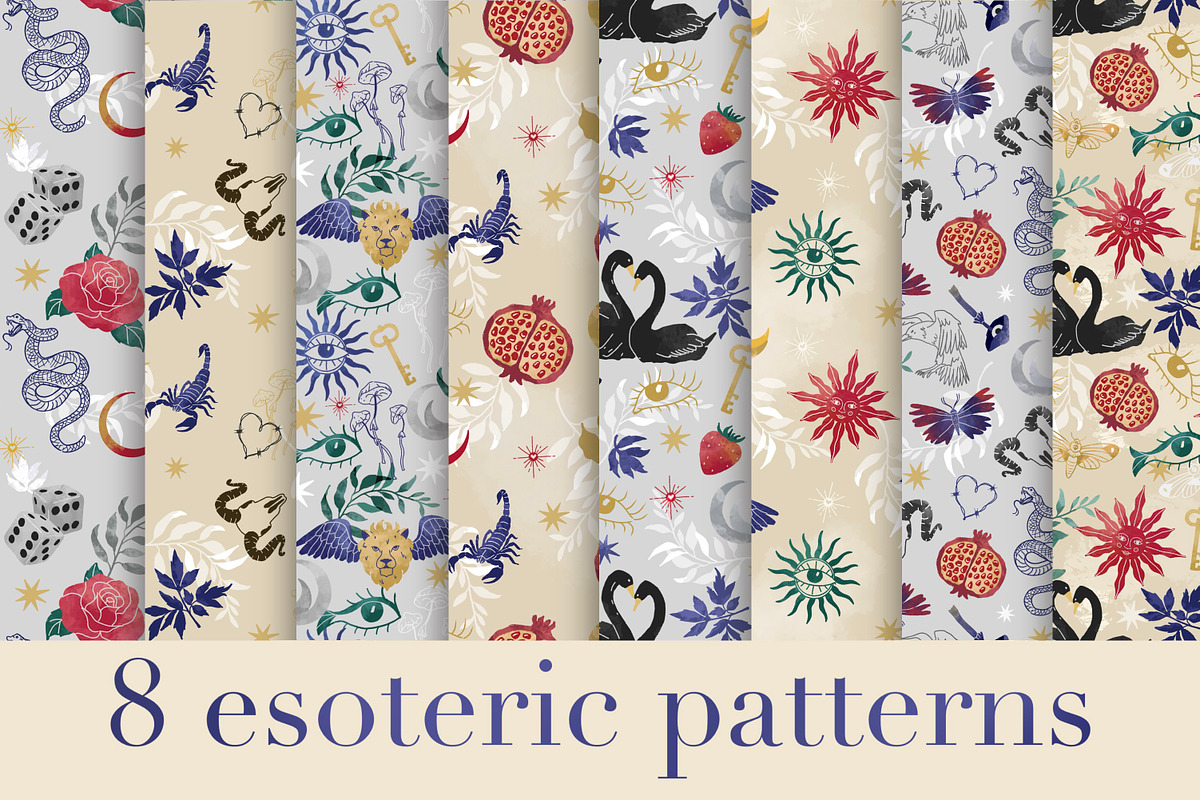 8 seamless esoteric patterns, a Decorative Illustration by SvetaDraws (Photo 1 of 11)