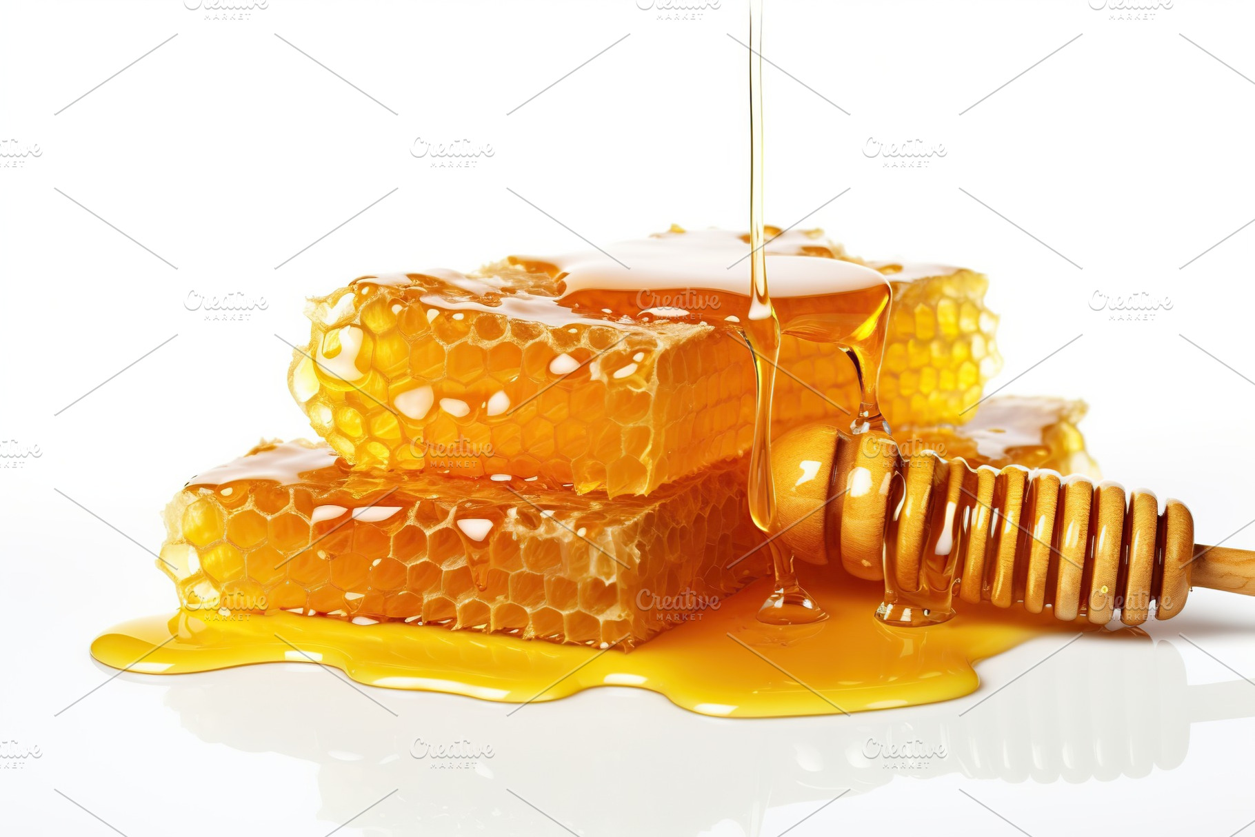 Honeycomb with honey and honey dipper on white background, a Food & Drink Photo by AlyaAnd