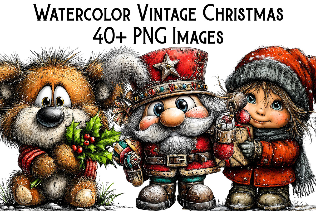 Watercolor Vintage Christmas, an Illustration by Pixels.Craft (Photo 1 of 6)