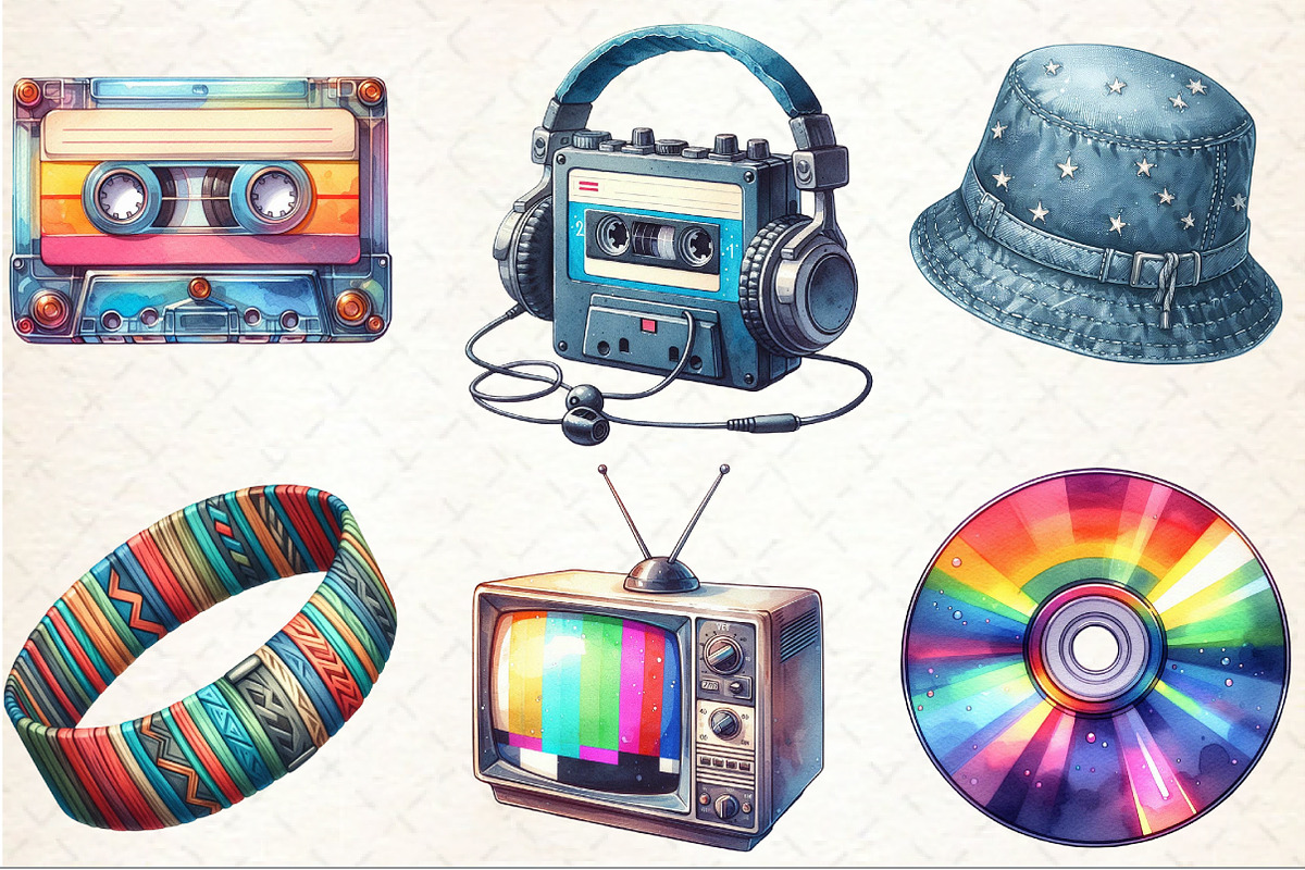 Watercolor Nostalgic 90s Clipart, an Illustration by Rose Art (Photo 3 of 7)