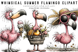 Whimsical Summer Flamingo Clipart, an Illustration by SinaCreation