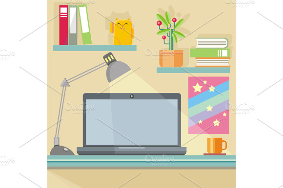 Workplace with notebook, lamp, books preview 2