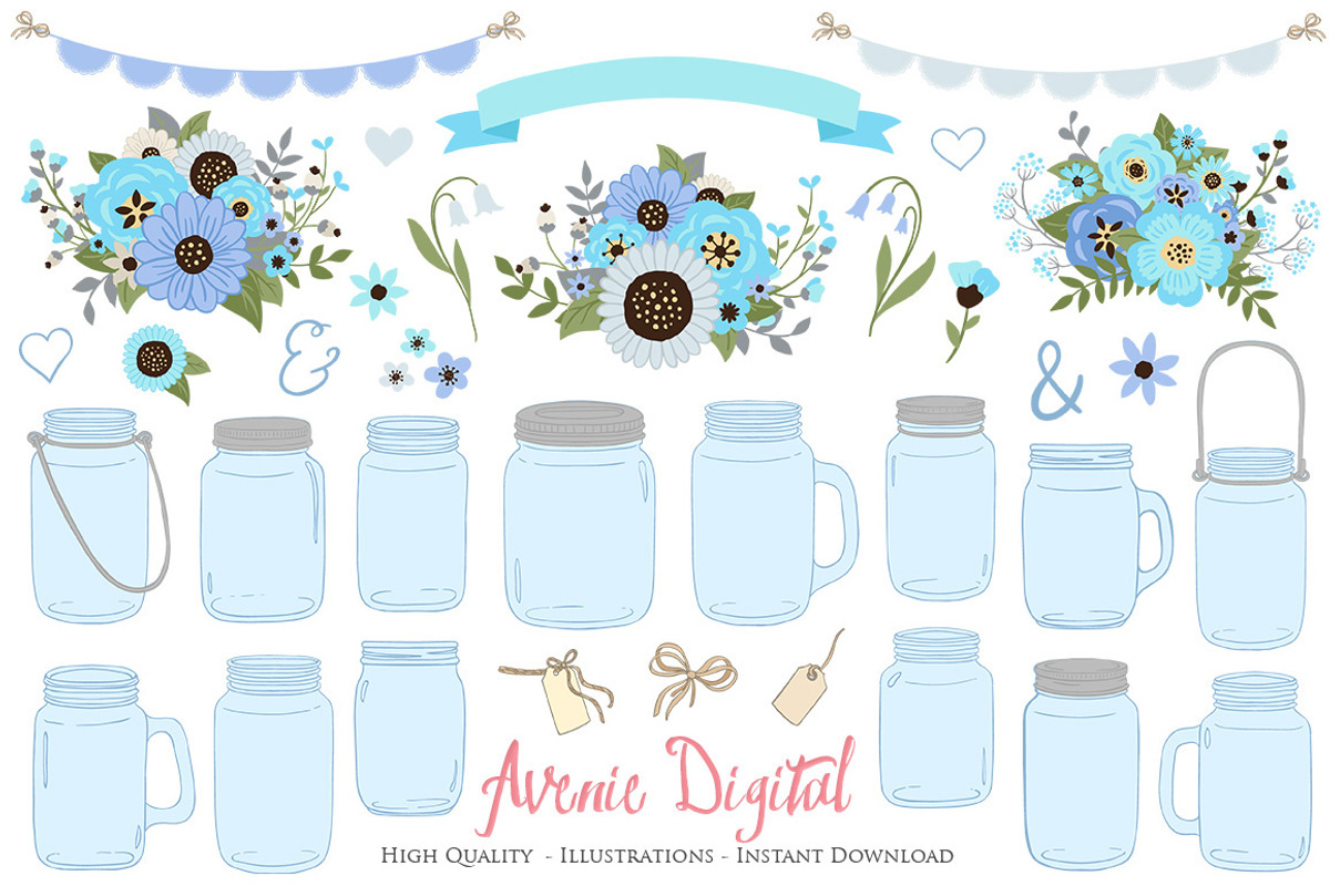 Blue and Gray Mason Jar Clipart, an Illustration by Avenie Digital (Photo 1 of 2)