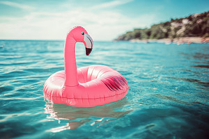 Bright pink flamingo toy floats sere, a Photo by Iftikhar Alam