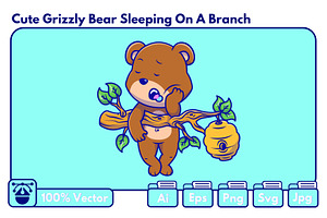 Cute Grizzly Bear Sleeping On Branch, an Animal Illustration by Artstorystudio