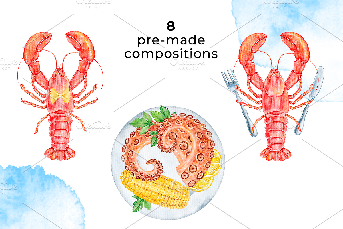 Seafood Watercolor Clipart, a Food Illustration by Eves_Aquadreams (Photo 4 of 12)